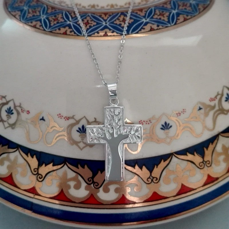 Collar Colgante Cruz de Plata con el Árbol de la Vida Incluye Cadena de Plata de 45 cm y Estuche para Regalo