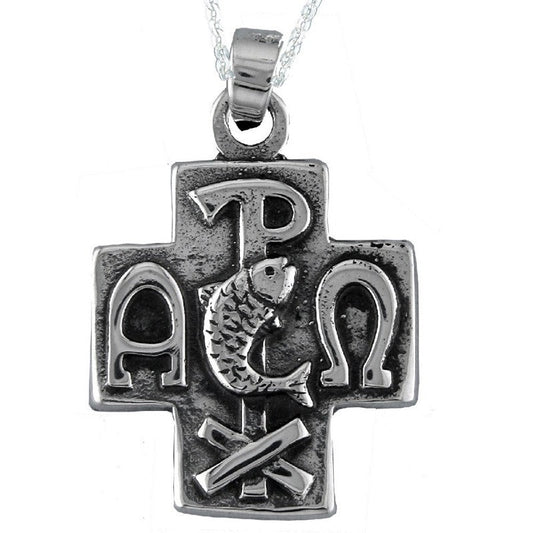 Collar Colgante Cruz Crismón de Plata para Mujer y Hombre con Terminación Envejecida Incluye Cadena de Plata de 45 cm y Estuche para Regalo - Alylo Silver