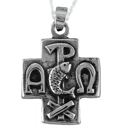 Collar Colgante Cruz Crismón de Plata para Mujer y Hombre con Terminación Envejecida Incluye Cadena de Plata de 45 cm y Estuche para Regalo