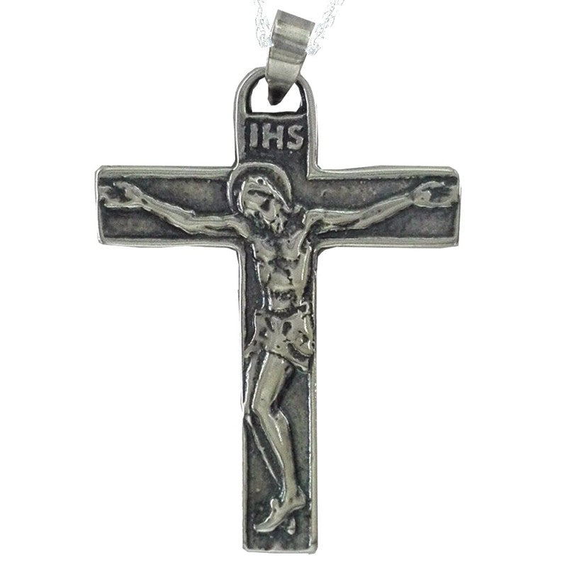 Collar Colgante Cruz de Plata envejecida con Cristo crucificado para Hombre Incluye Cadena de Plata de 45 cm y Estuche para Regalo