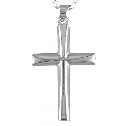 Collar Colgante Cruz de Plata Lisa y Brillante para Hombre. Incluye Cadena de Plata de 45 cm y Estuche para Regalo.